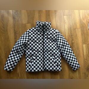 Vans Black and White Puffer Jacket with Checkered Pattern Size XSmall